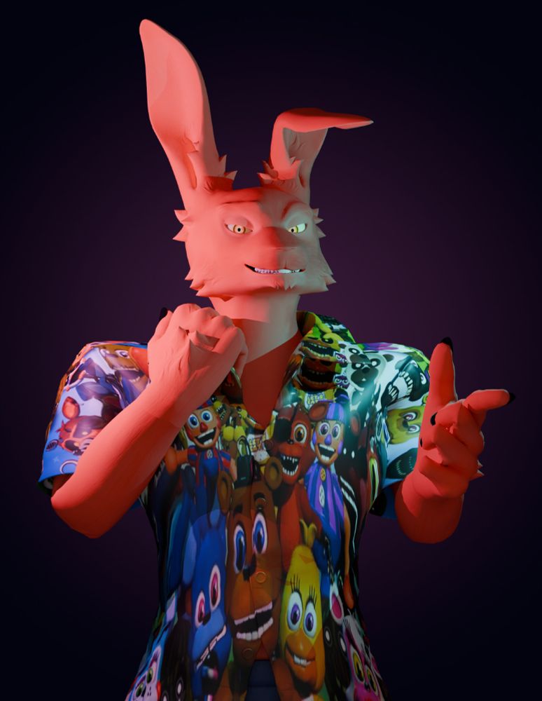 A render of a red rabbit. He is wearing a hideous FNaF World button up shirt, and grasping the collar with one paw. The other is displayed in a finger gun motion and he is smirking toothily at the camera. The background is a radial gradient consisting of purple and pink.
