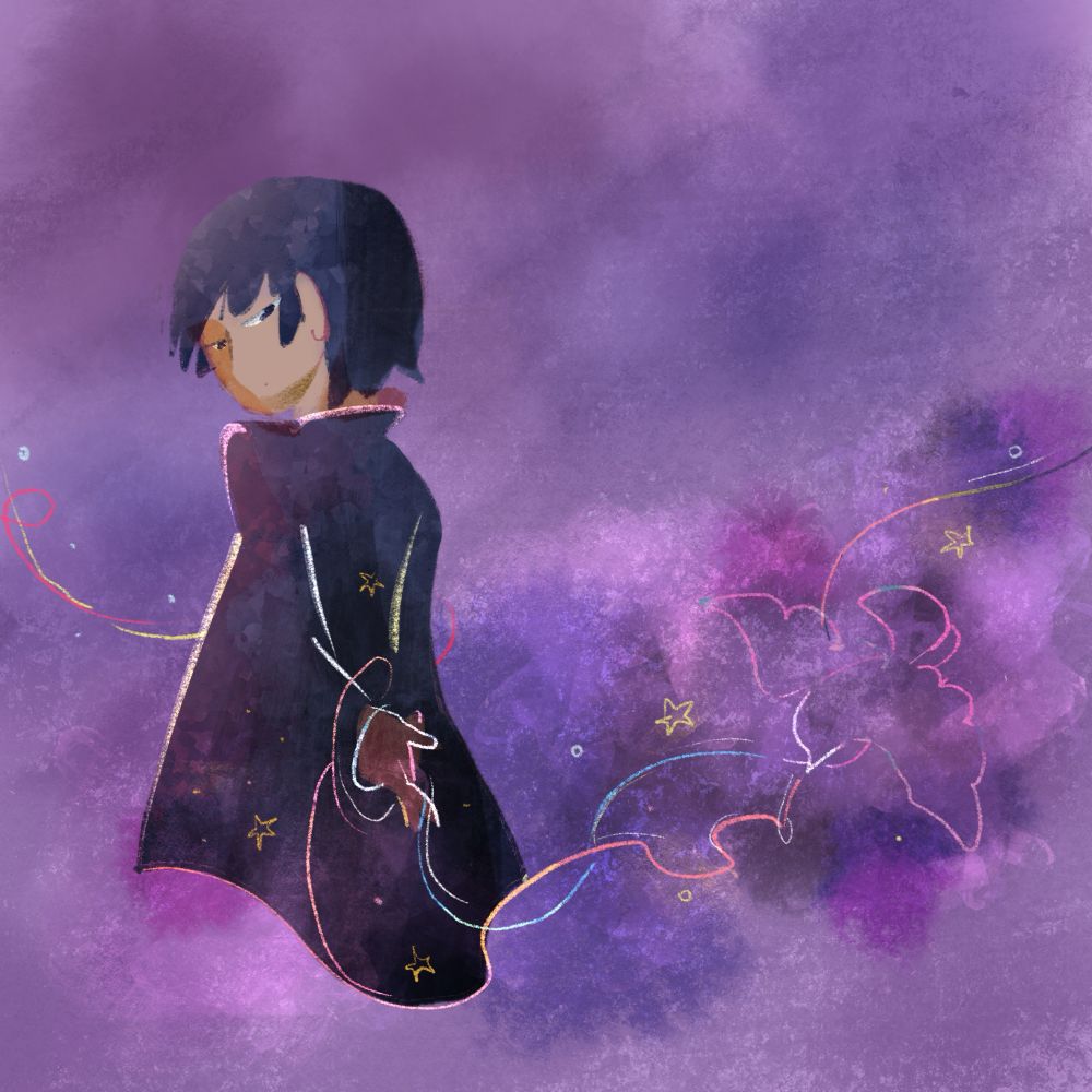 イラスト。黒い服を着た人が手を後ろに向けていて、その指先から光の糸がひろがっている。鳥のような形になっている。