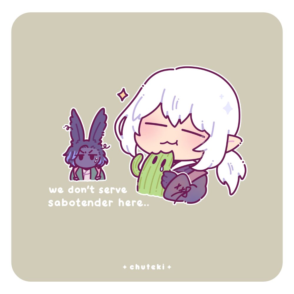 Illustration of Estinien eating a sabotender while a distraught Erenville says "We don't serve sabotender here.."