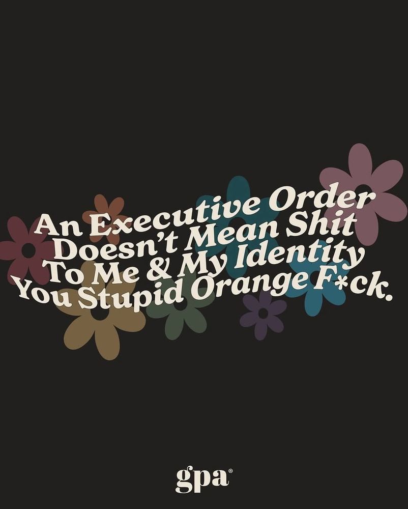 Picture stating "an executive order doesn't mean shit to me & my identity you stupid orange fuck" 