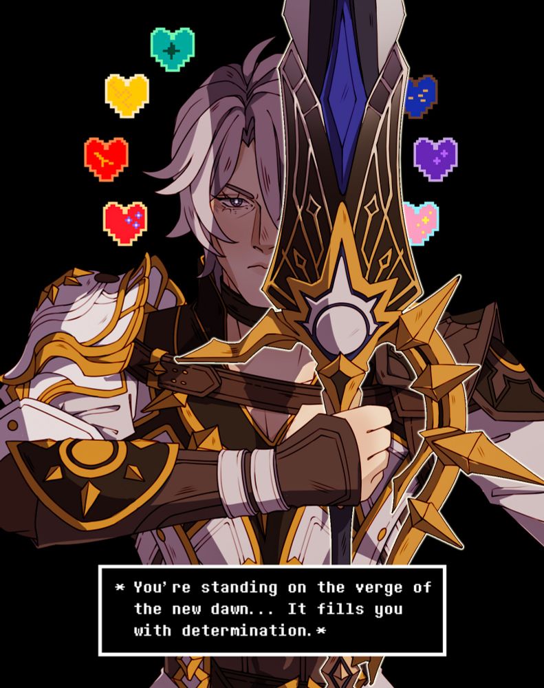 Phainon surrounded by 7 pixel hearts, representing fallen Chrysos Heirs. The Undertale-style text box says: "You're standing on the verge of the new dawn. It fills you with determination."