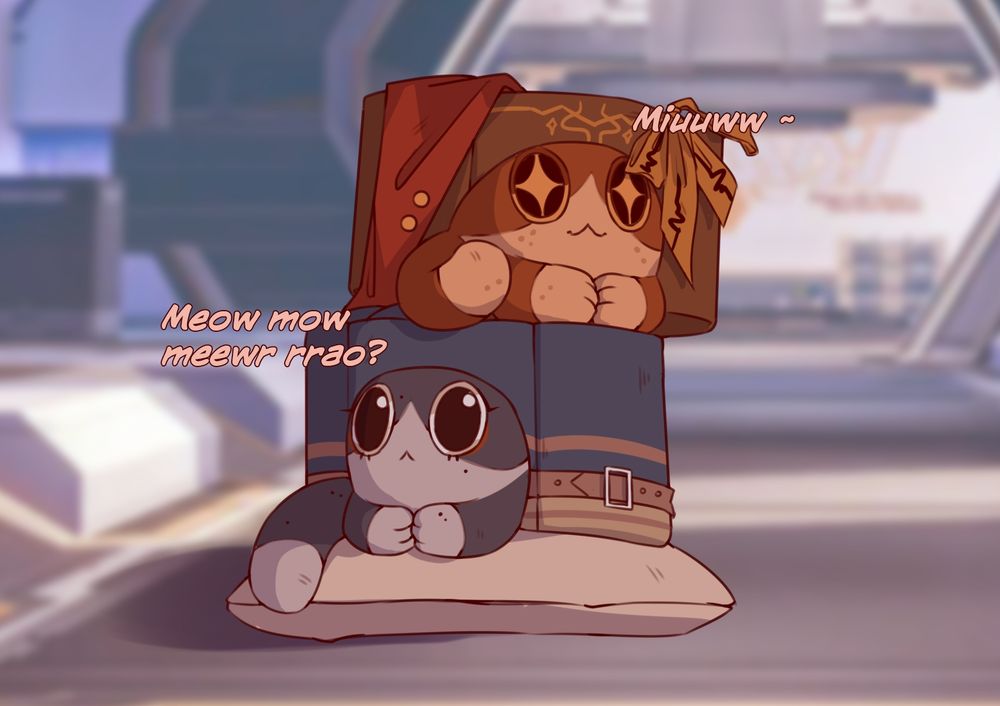 Cat cakes from Honkai Star Rail drawn as Feng Xin and Mu Qing, making cat noises to replicate the dialogue in the post. 
