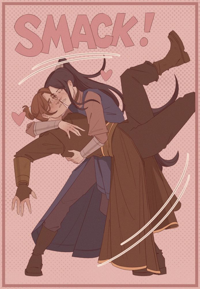 Feng Xin is swept off his feet by Mu Qing, not only metaphorically but also literally, as they are about to kiss. The picture follows a redraw art trend. 