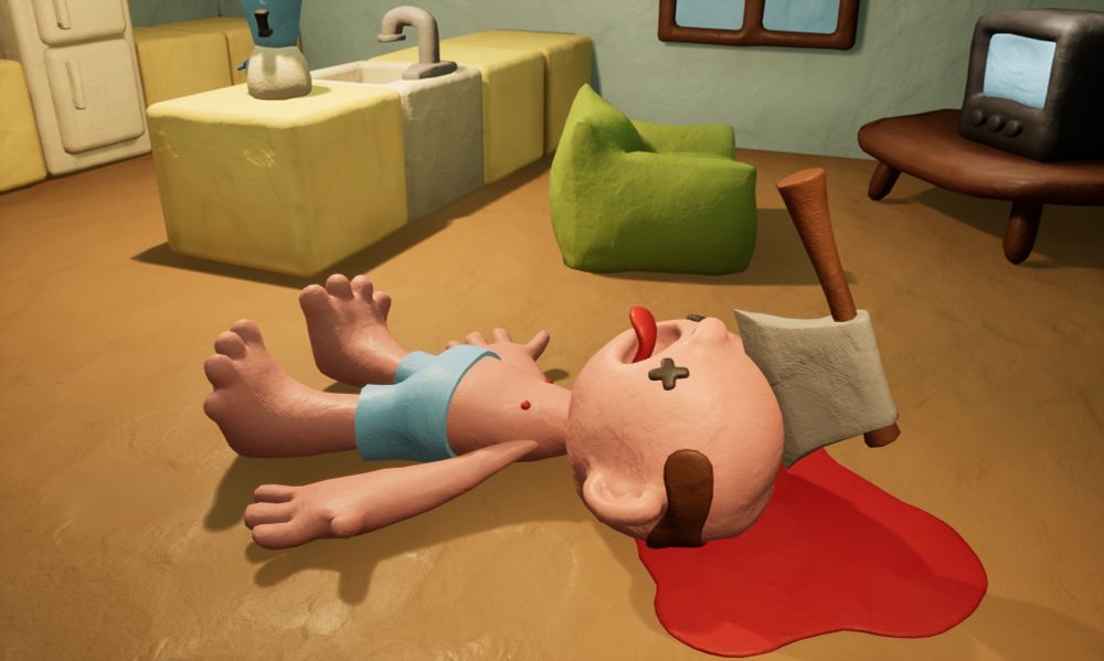 A cartoonish 3D scene made to look like claymation of a crime scene for a game where you play as a janitor.  