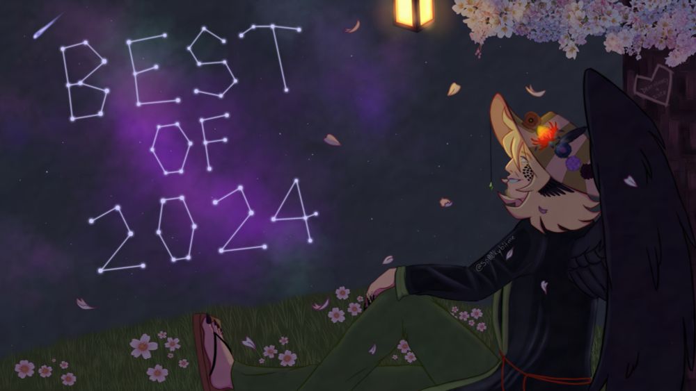 Philza sitting under a tree and looking at the sky, constellations across the sky say: BEST OF 2024