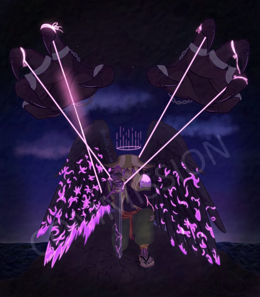 Philza being controlled by The Ender King, leaning his weight on a sword as he struggles to stand back on his feet. In the background, Enderking's hands are looming and holding limbs up to puppet Philza like a vessel. 