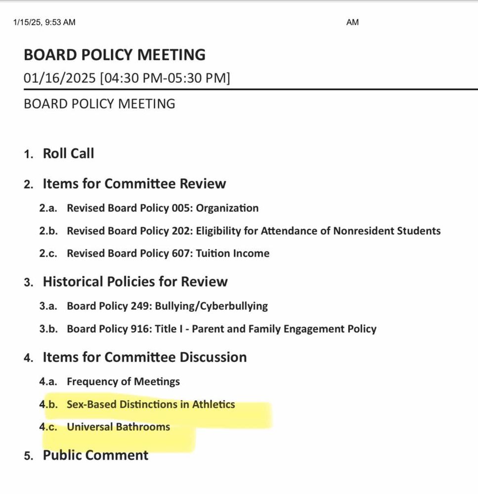 West Shore School Board policy meeting for 1/16 includes two discussion items - one for "sex-based distinctions in athletics" and one for "universal bathrooms" 