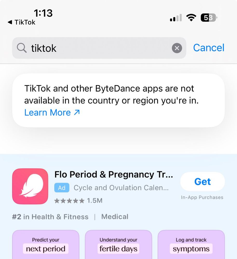 Screenshot of App Store showing that TikTok and bytedance apps aren’t available in the US 