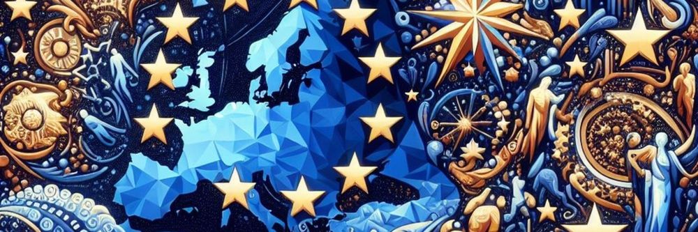 Image portrays "Vibrant, stylized artwork of Europe with golden EU stars surrounding a faceted blue map of the continent. The image is filled with swirling blue and gold patterns, symbolic human figures, classical architecture, celestial motifs and cultural elements representing unity, art and heritage across European nations."
