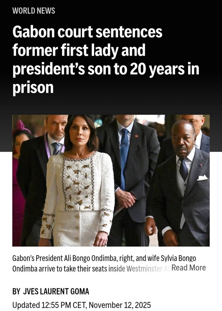 Article headline. A Gabon article covering the imprisonment of the ex presidents wife and son for fraud and embezzlement.