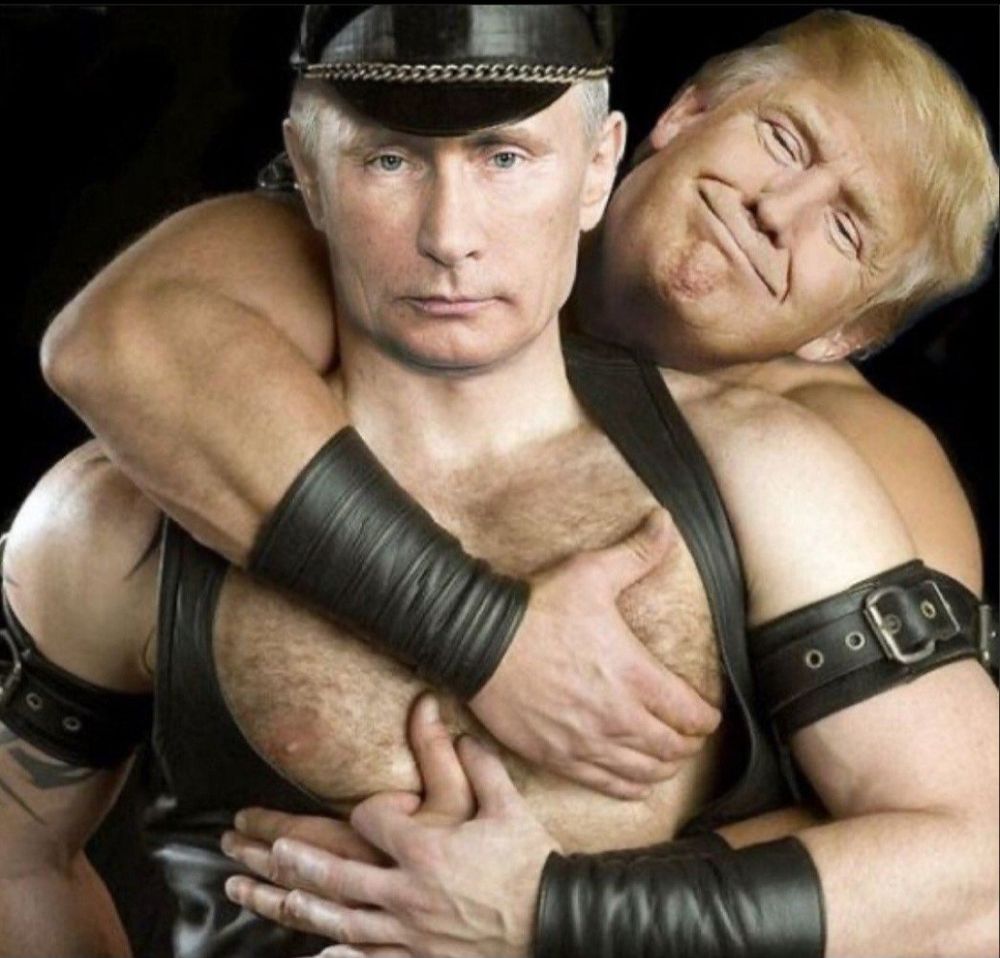 Leather clad Trump and Putin hugging 