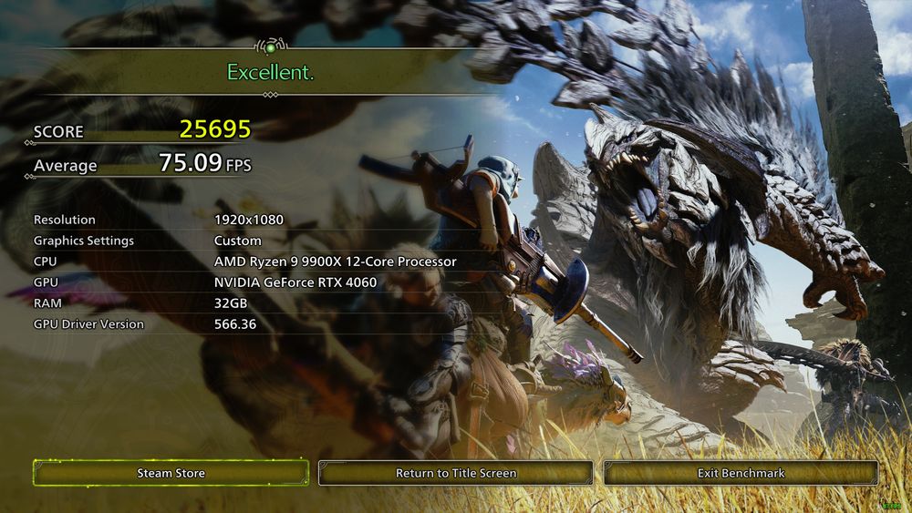 Monster Hunter: Wilds benchmark. 75 frames per second with (mostly) max graphic settings