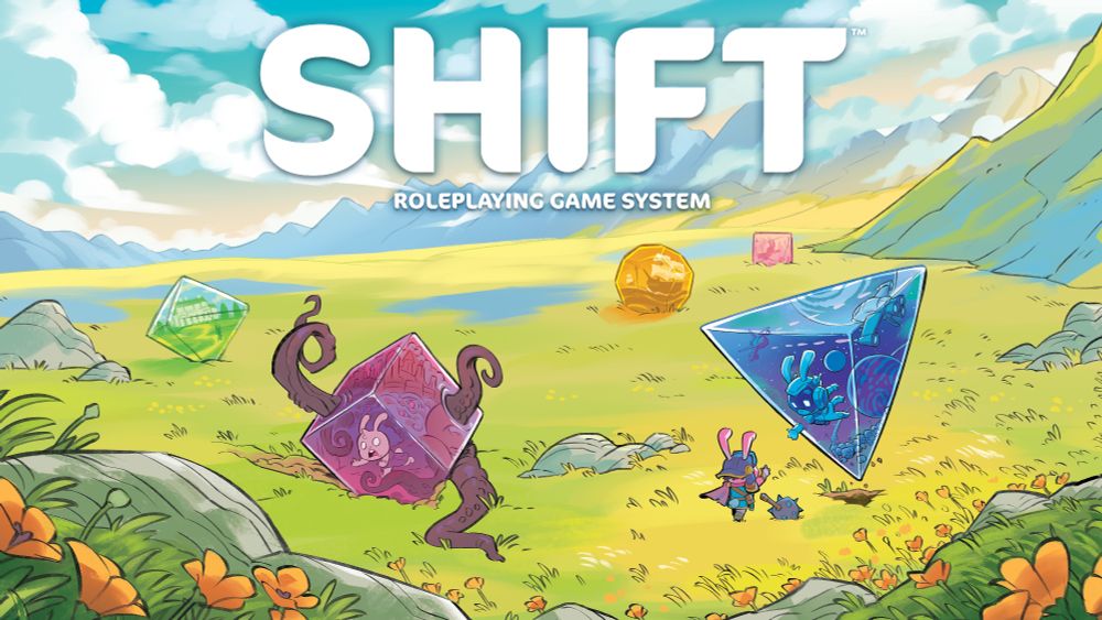 A promotional graphic for the SHIFT roleplaying game system. Several brightly colored polyhedral structures encase different fictional worlds on a bright open field. 