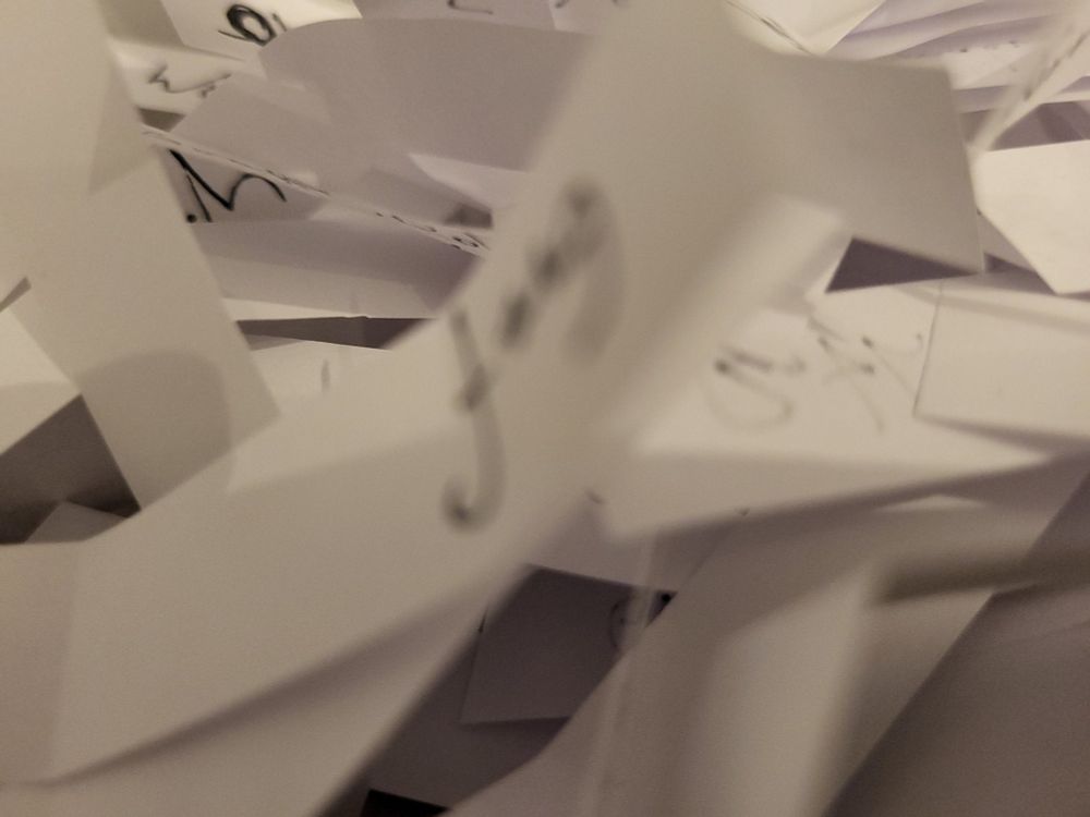 Ein Haufen kleiner Zettel, Teile von Namen sind andeutungsweise zu erkennen.