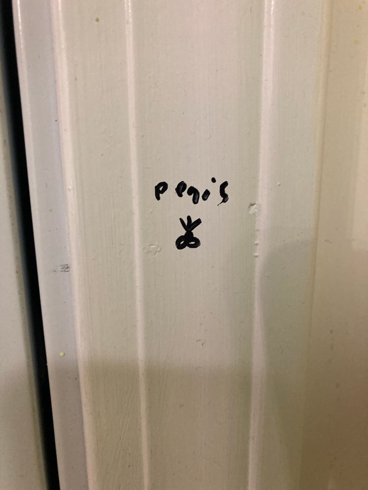 Very small and poorly drawn, but correctly labeled, penis graffito 