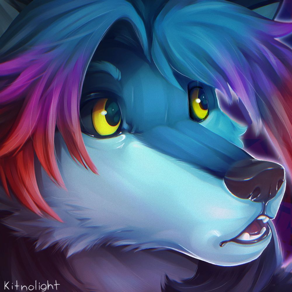 Blue android fox, they are looking at something in surprise/shock. They have yellow eyes with black scleras, long hair with pink and red tips in their bangs
