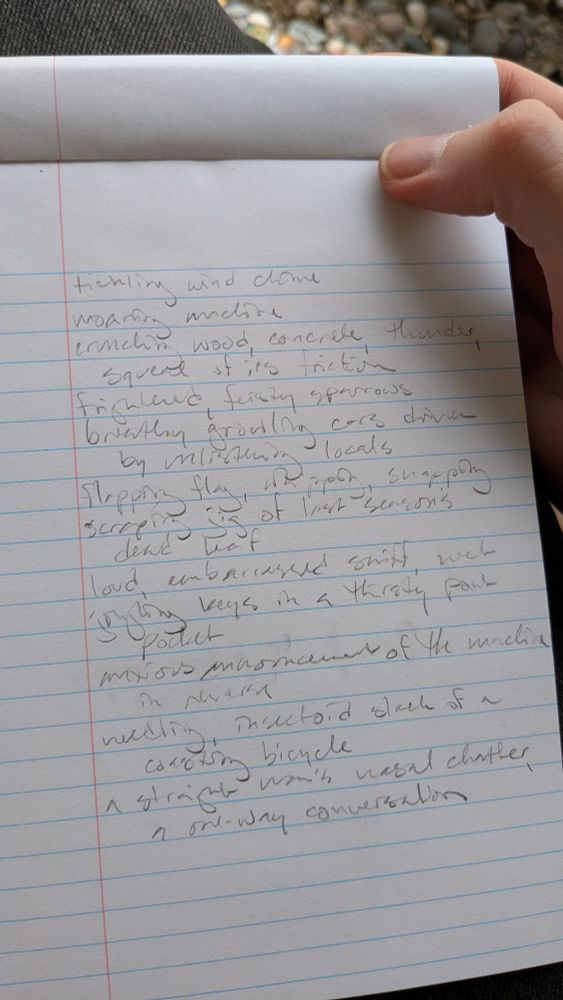 A poetic inventory of sounds written in a notepad, including "tickling wind chime, moaning machine, driving wood, concrete, thunder, squeal of its friction, frightened feisty sparrows, breathy growling cars driven by unlistening locals, flapping flag, whipping, snapping, scraping jig of last season's dead leaf, loud, embarrassed sniff, wet, jingling keys in a thirsty pant pocket, anxious announcement of the machine in reverse, needling, insectoid slack of a coasting bicycle, a straight man's nasal chatter, a one way conversation"