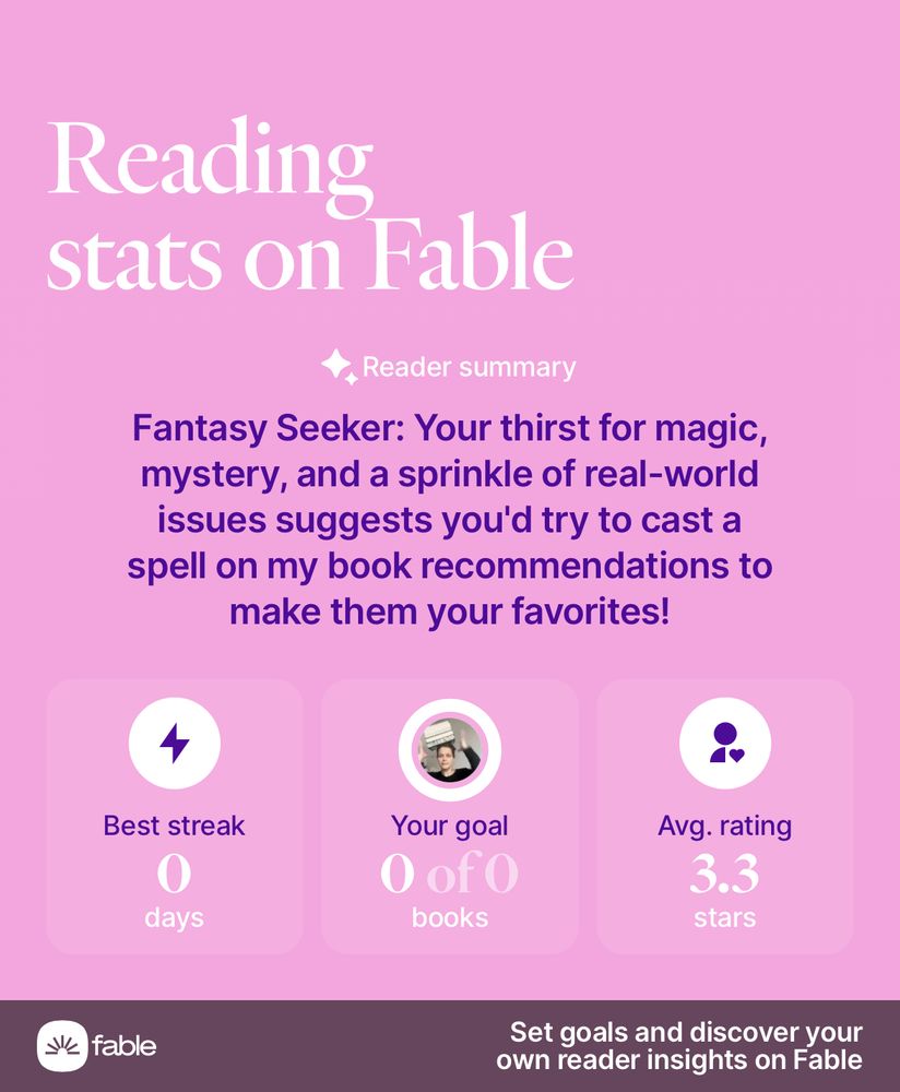 Reading stats on Fable
Fantasy Seeker: Your thirst for magic, mystery, and a sprinkle of real-world issues suggests you’d try to cast a spell on my book recommendations to make them your favorites!