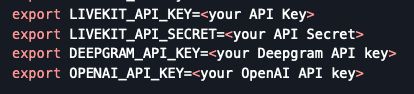 List of env variables to setup... LIVEKIT, DEEPGRAM, OPENAI api keys...