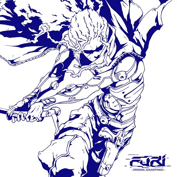 Cover the Furi OST, feature the main character (i presume) drawn in blue ink on white. He is holding a sword in a fighting stance.