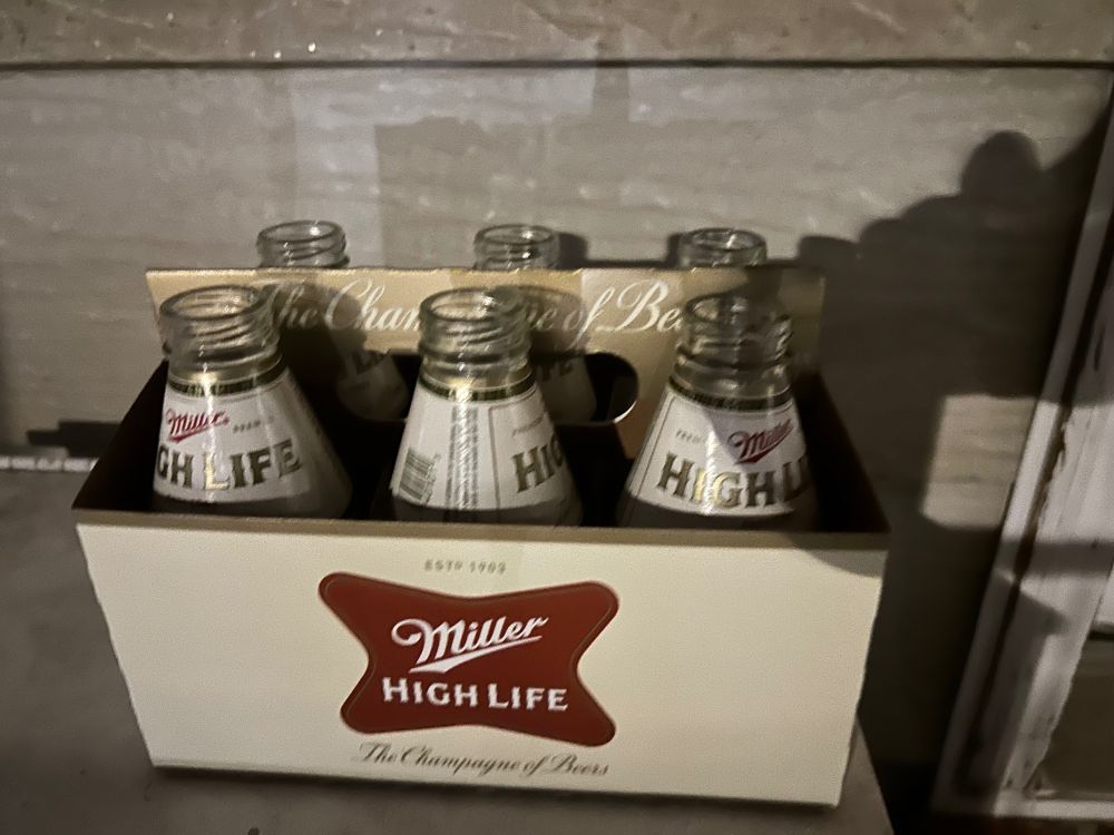 6 pack of Miller High Life stubbie (7 oz) bottles. I keep them outside on my front porch  so they stay extra cold. 
