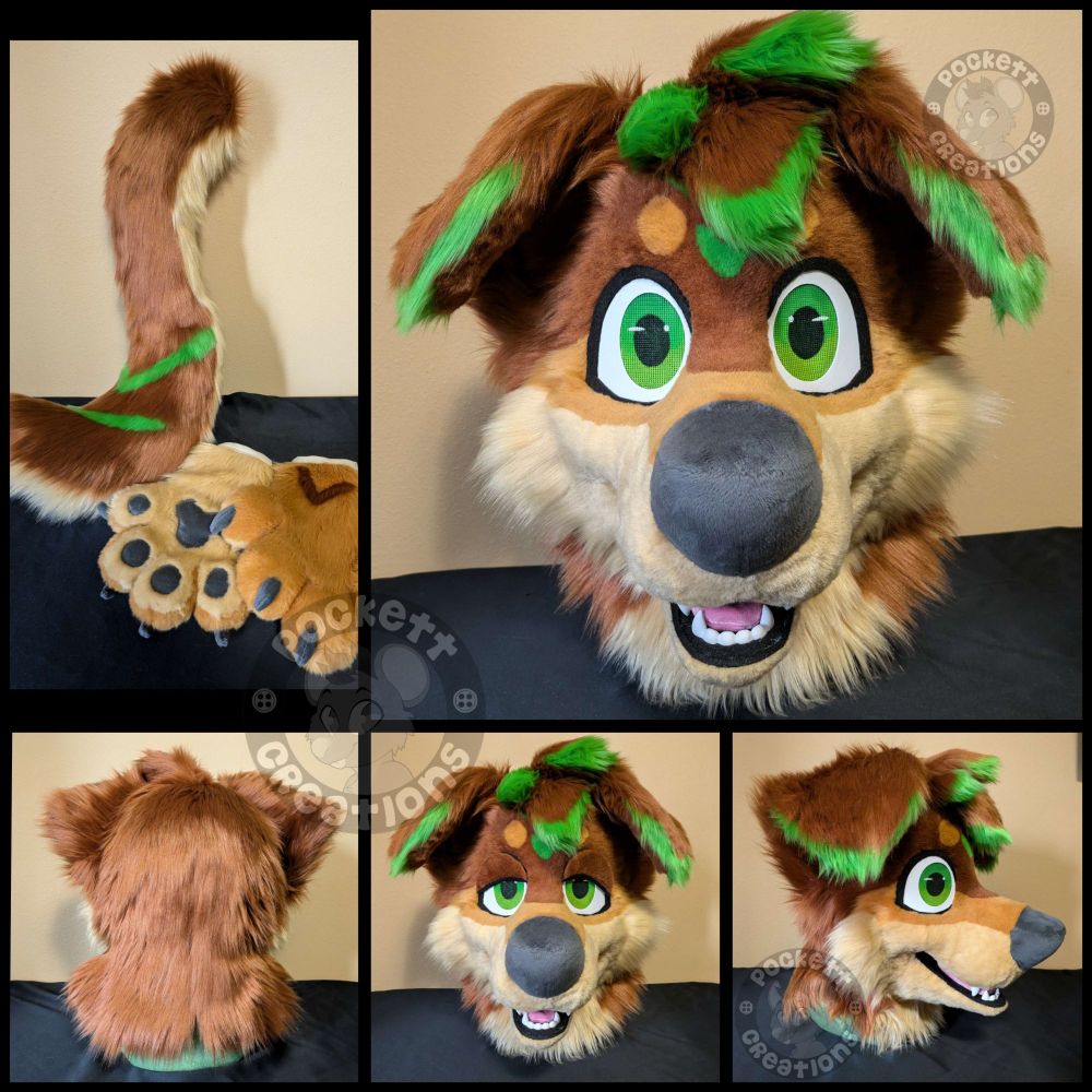 collage photo of fursuit commission featuring head, handpaws and tail.