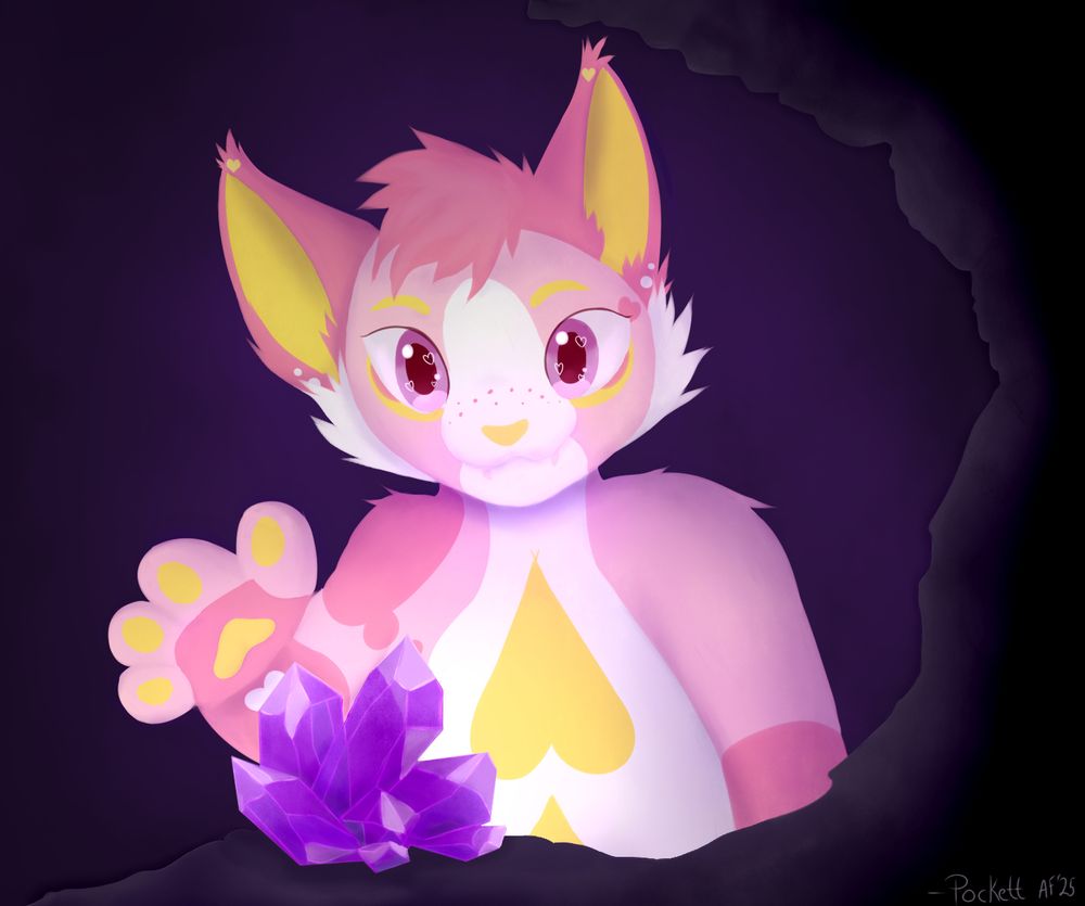 halfbody artwork of pink Kitty character reaching for a crystal. 