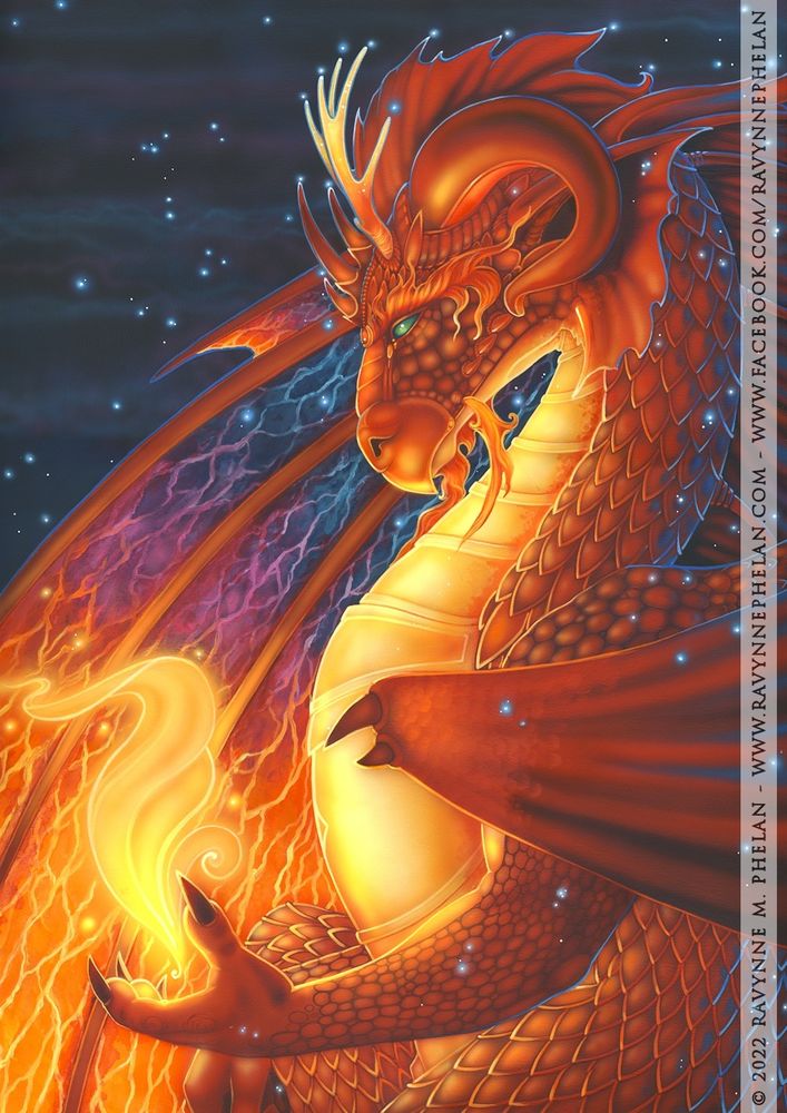 A giant benevolent red dragon with rainbow wings, holding a flame in his claws. Traditional artwork created with acrylics.