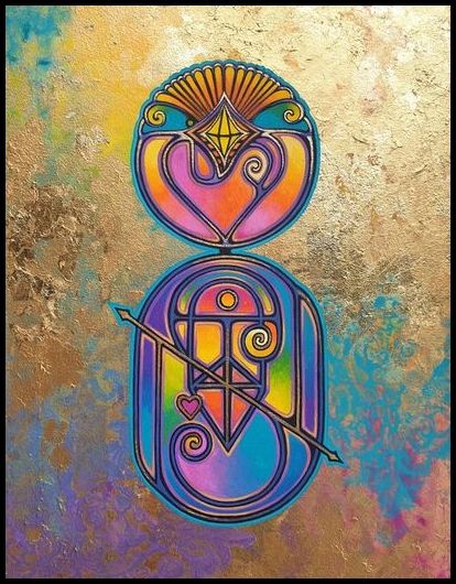 Rainbow bright sigil on an abstract background created with gold metal leaf and acrylics.