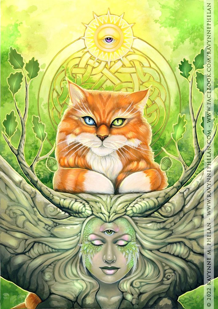A cute orange cat with one green eye and one blue eye with paws and upper body leaning on a tree trunk that has a woman's face in it. Traditional artwork created with acrylics.