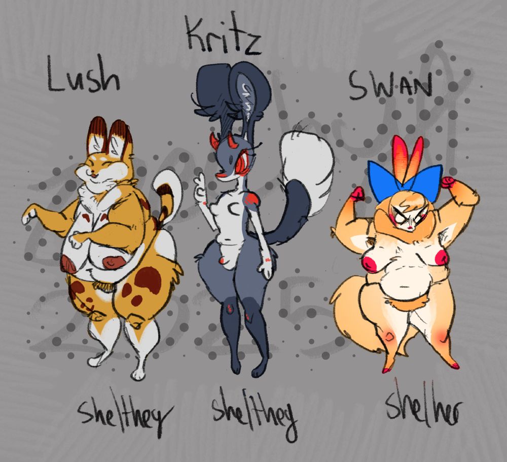 Three different types of anthropomorphic animal women. Quickly drawn to show off their colours.