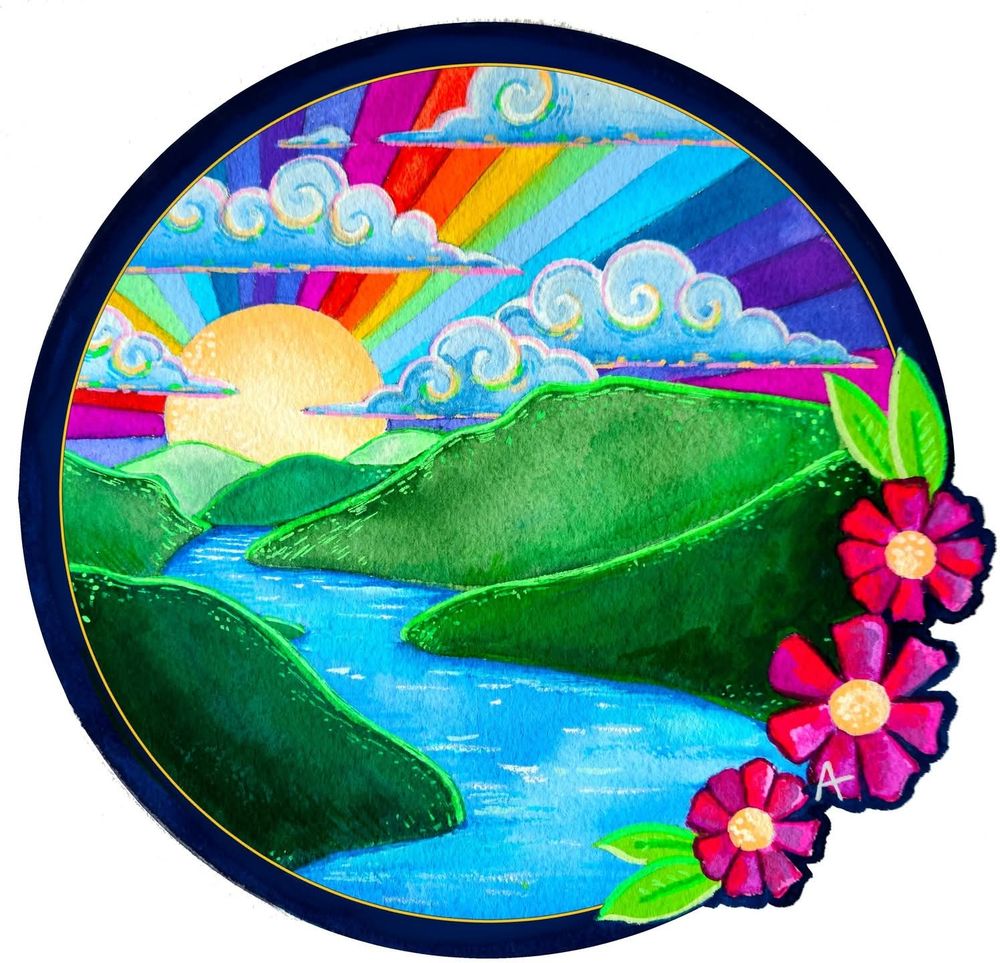 A round painting of a hilly valley and river below a colorful sunrise 