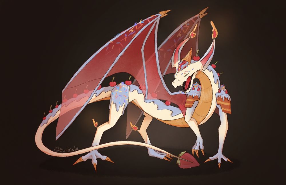 A dragon that has blue cake glazing, ice cream fangs and candle horn. The wings are translucent and have sprinkle.