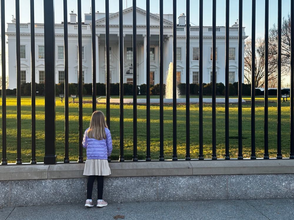 Picture of a young girl standing by a fence looking at the white house in the background.  The photo contains 45% of the route to get to the restaurant Trump dined at. 
