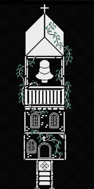 A pixel art church made in a semi one bit setting