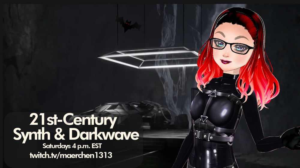 21st century synth and darkwave Saturdays 4-11p.m. EST twitch.tv/maerchen1313 -- a cybergoth VTuber with red hair in a rubber suit in a batcave ...
