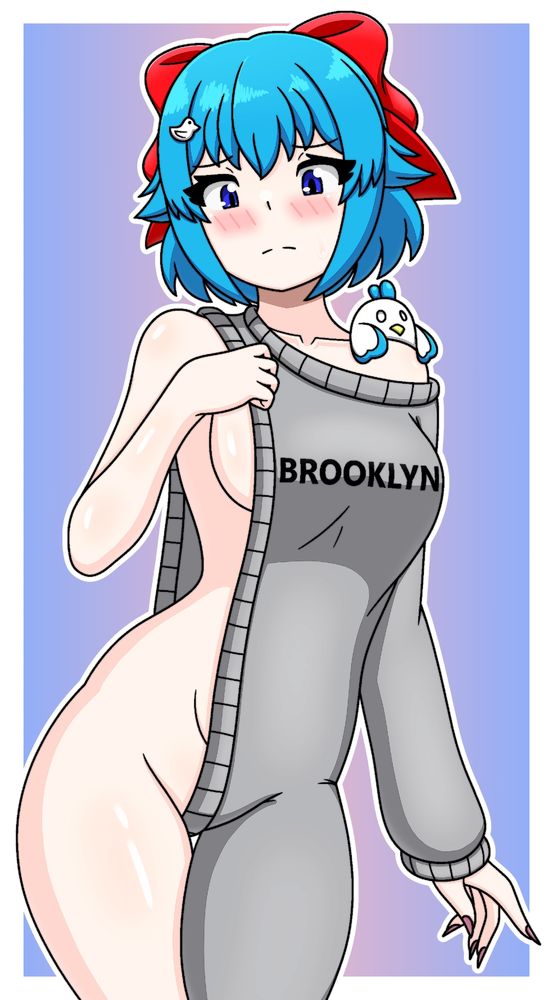 Anime-styled drawing of a girl wearing a grey jumpsuit sweater that exposes one side of her body. The character featured in the drawing is my O.C. Pixie, who has short blue hair, blue eyes, a small hair accessory shaped like a white bird and a red hair bow. She's wearing only a grey full-body jumpsuit sweater that says "Brooklyn" on it, which exposes her left side of her body. She also has a little pet bird on it named Angel. The background is a blue-pink bi-linear gradient with a white border around it.