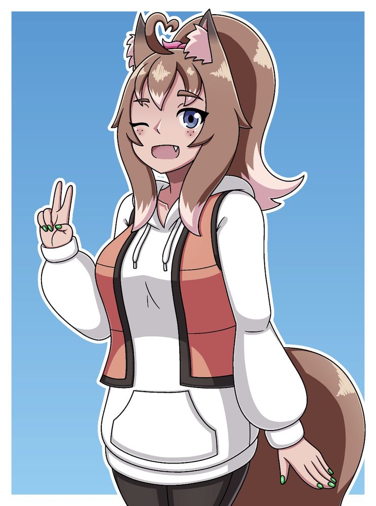 An anime-styled drawing of ‪@protonjon.bsky.social‬'s Dana. She has light-brown ponytailed hair with fox ears, green and blue heterochromia eyes, a white hoodie, an orange bomber jacket, black leggings and a fox tail. The background is a blue gradient with a white border around it.