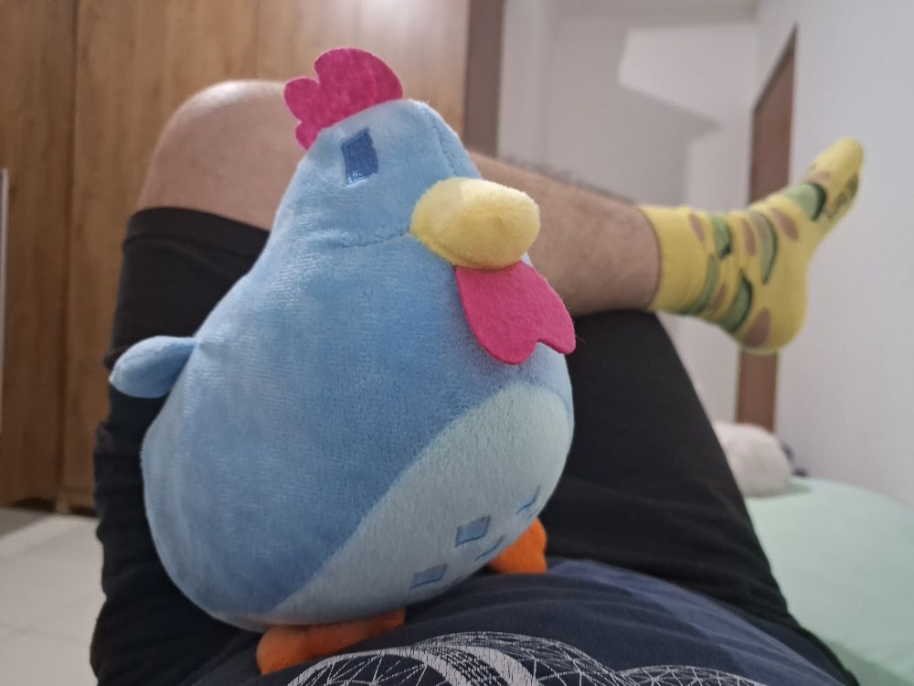 Estou deitado com as pernas dobradas, vestindo uma bermuda preta e meias amarelas estampadas com abacates. Sobre o meu colo, repousa uma pelúcia azul de uma galinha do Stardew Valley, com detalhes amarelos no bico, rosa na crista e laranja nos pés. O fundo mostra um ambiente interno com um guarda-roupa de madeira e uma cama onde minha cachorra branca está parcialmente visível, deitada e descansando.