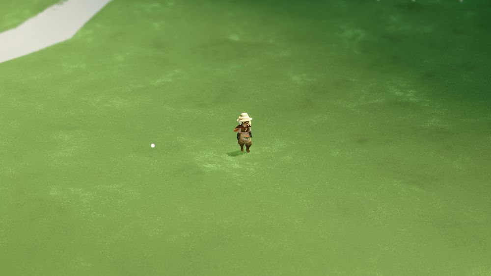 A Skykid standing idly in Aviary Village, seen via a tripod camera looking down from very far away
