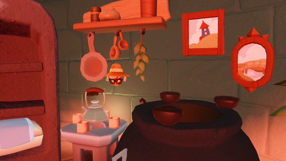 A Skykid with glasses and a sunhat stuck in the stone wall of their apartment, behind a small stove with a tea kettle upon it.