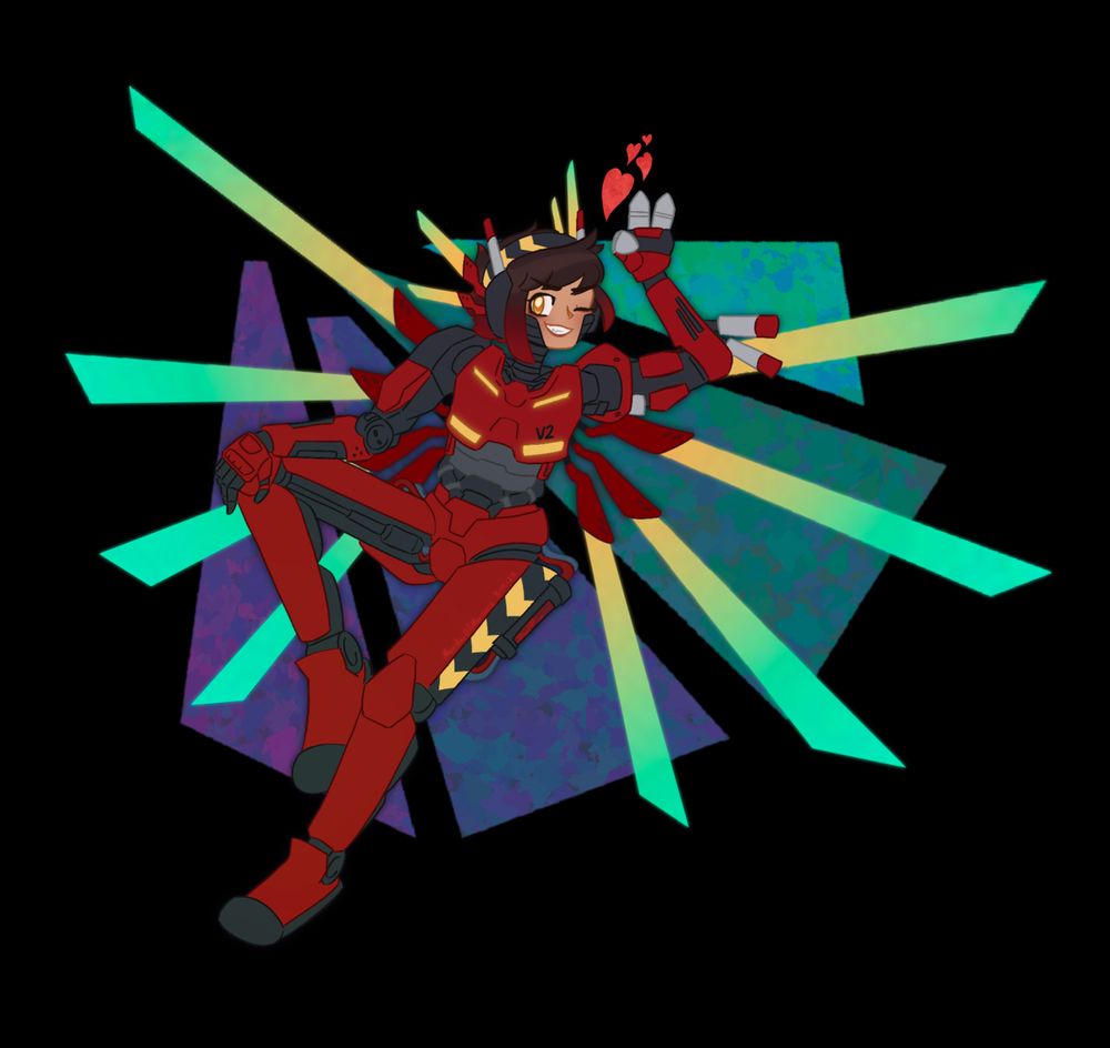 A drawing of a gijinka design for V2 from Ultrakill, posed playfully in front of an abstract blue and purple background