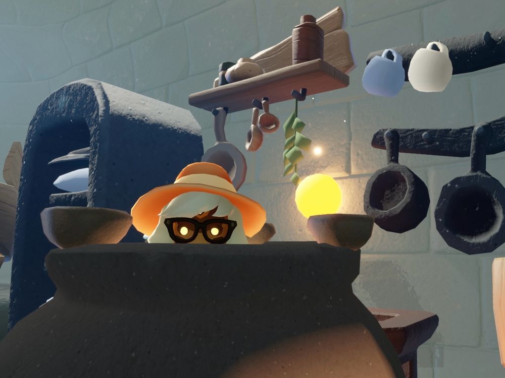 A Skykid with glasses a sunhat sitting in a cauldron in their nest, barely tall enough to see over the brim