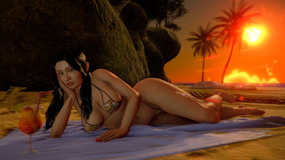A girl on the beach at sunset, wearing a sexy leopard bikini, looks at the observer languidly with a cocktail nearby.