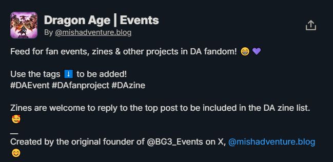 Screenshot of the description of the Dragon Age Events feed.