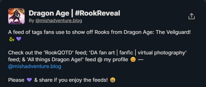 Screenshot of the description of the Dragon Age Rook Reveal feed.