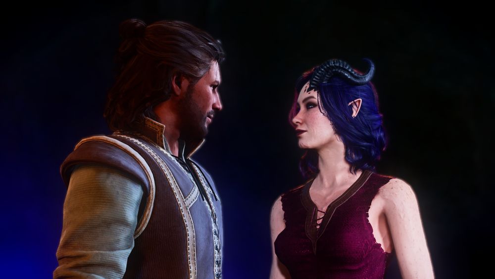 Gale Dekarios and Saphi Aelorothi, two characters from the CRPG Baldur's Gate 3.