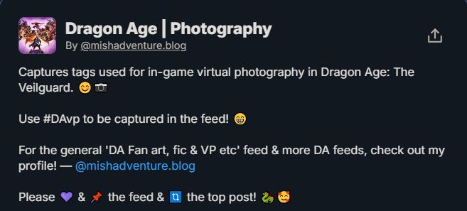 Screenshot of the Dragon Age Virtual Photography feed description.