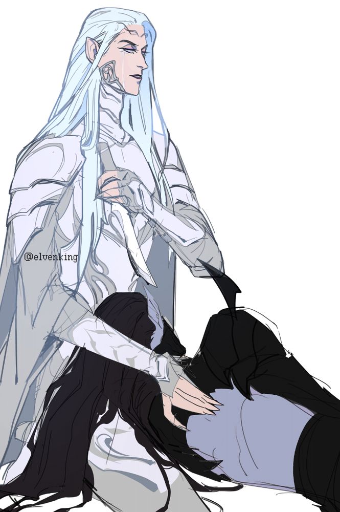 #elvenking sketch of 2 eldar, elves, tuatha, aeldari. one in white, silver armor and the other in black
