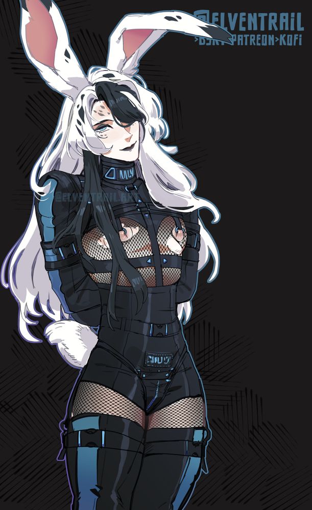 #elventrail #nsfw kink viera lunaer bunnyboy bunboy with long silver and black hair wearing mesh, leather utility aesthetic outfit with pierced nipples. Lunaer are from nhera. idc if you wanna call him a viera tho, it's all the same to me.